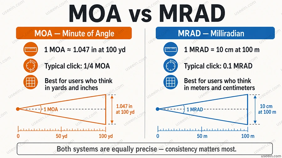 MOA versus MRAD angular measurement and adjustment comparison