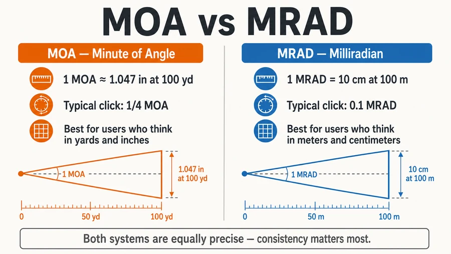 MOA and MRAD angular measurement and scope adjustment comparison